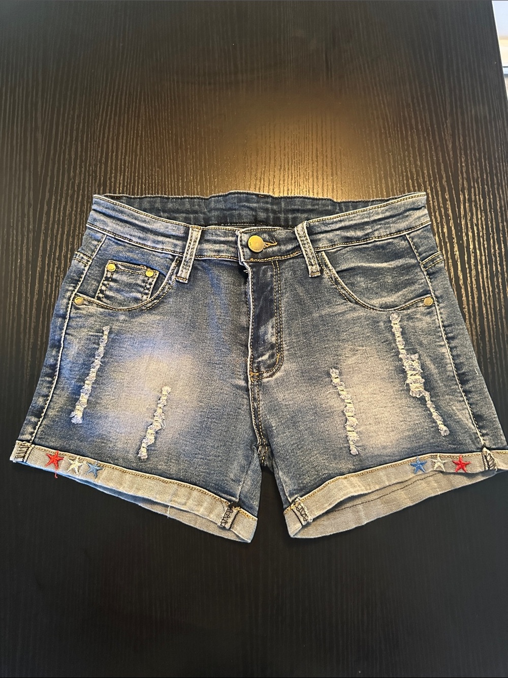 Denim Distressed Women’s Shorts with Embroidered Stars - Small